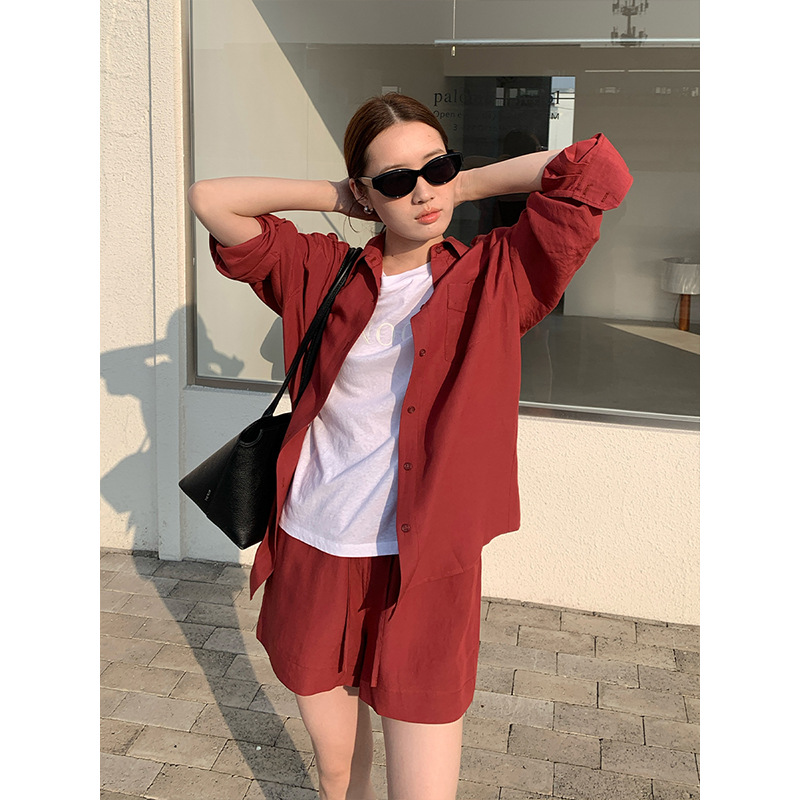 Modal Long Sleeve Shirt + Casual Shorts Spring and Summer Two-Piece Set for Women