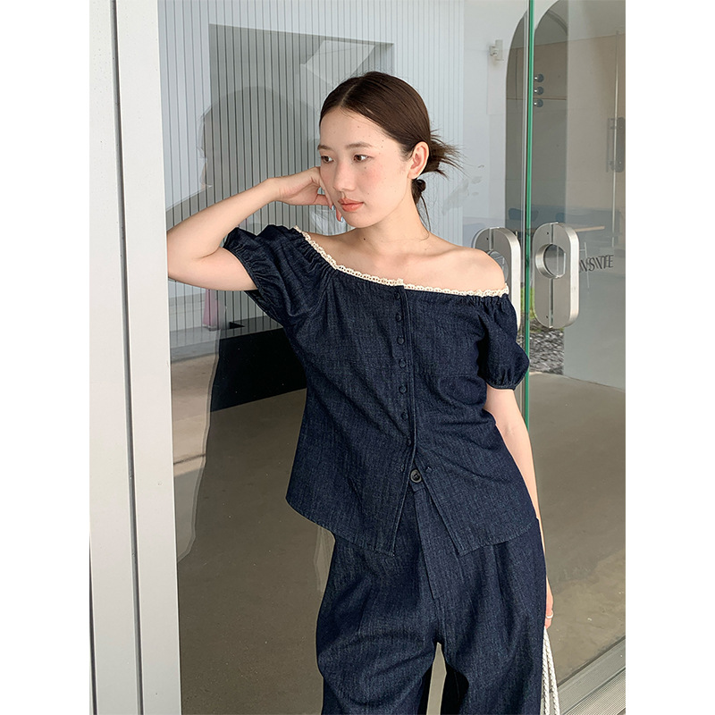 Puff sleeves, off-shoulder short-sleeved shirt + jeans summer casual two-piece suit